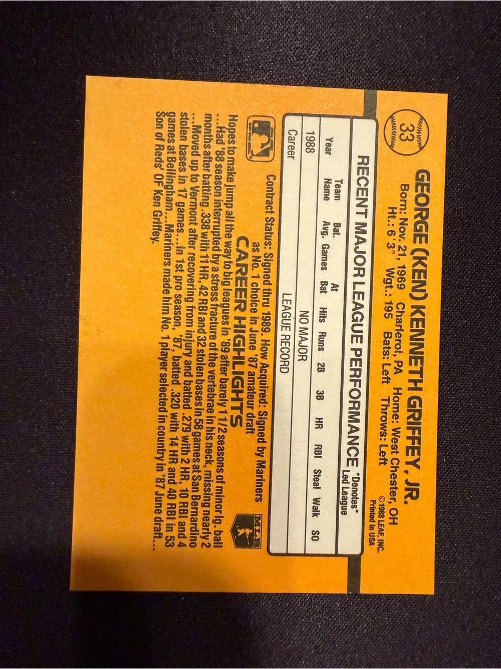 1989 Ken Griffey Jr. Rated Rookie card - Donruss